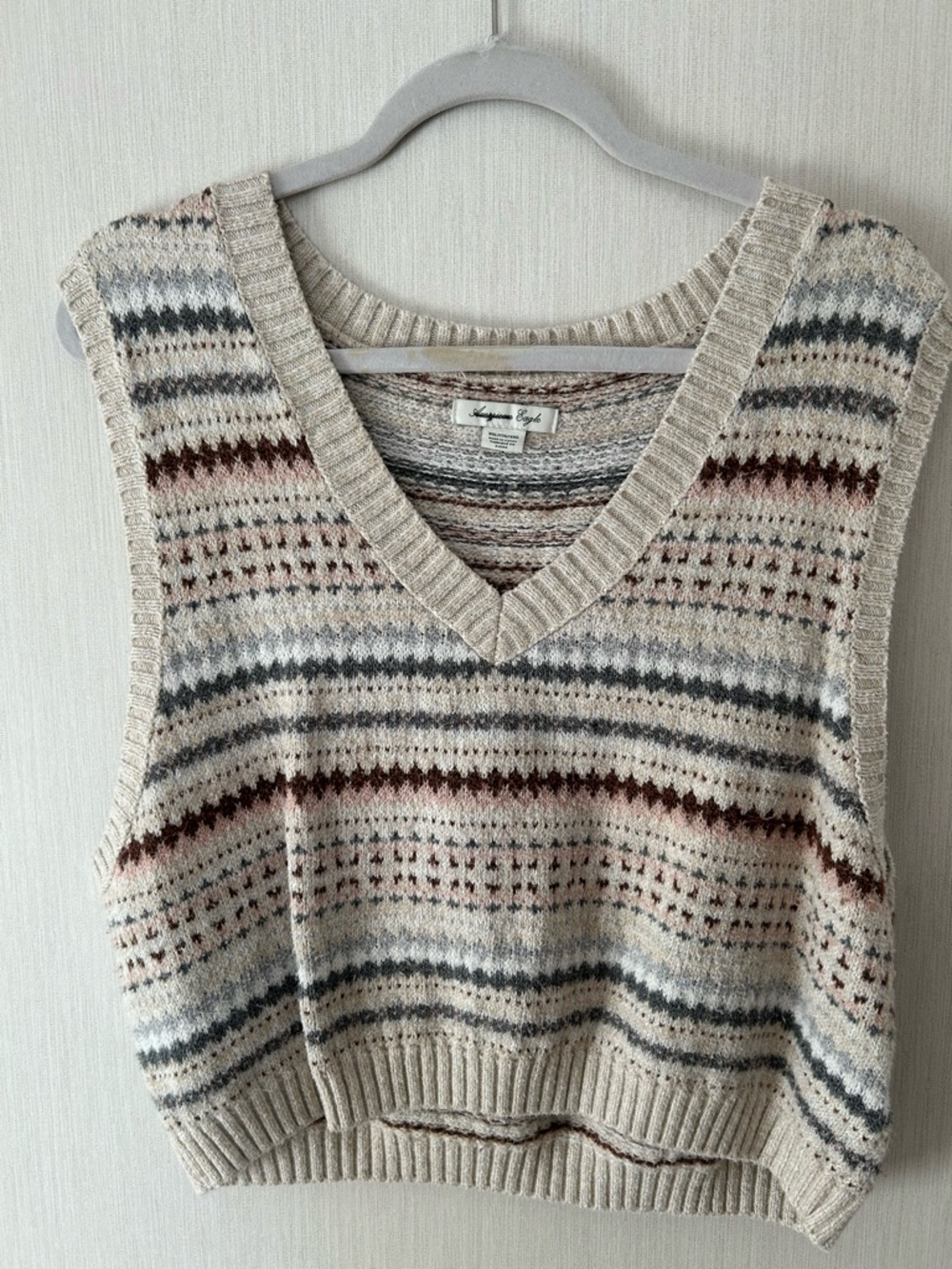 American Eagle Outfitters Beige Sweater Knit Tank with Gray and Brown Stripes